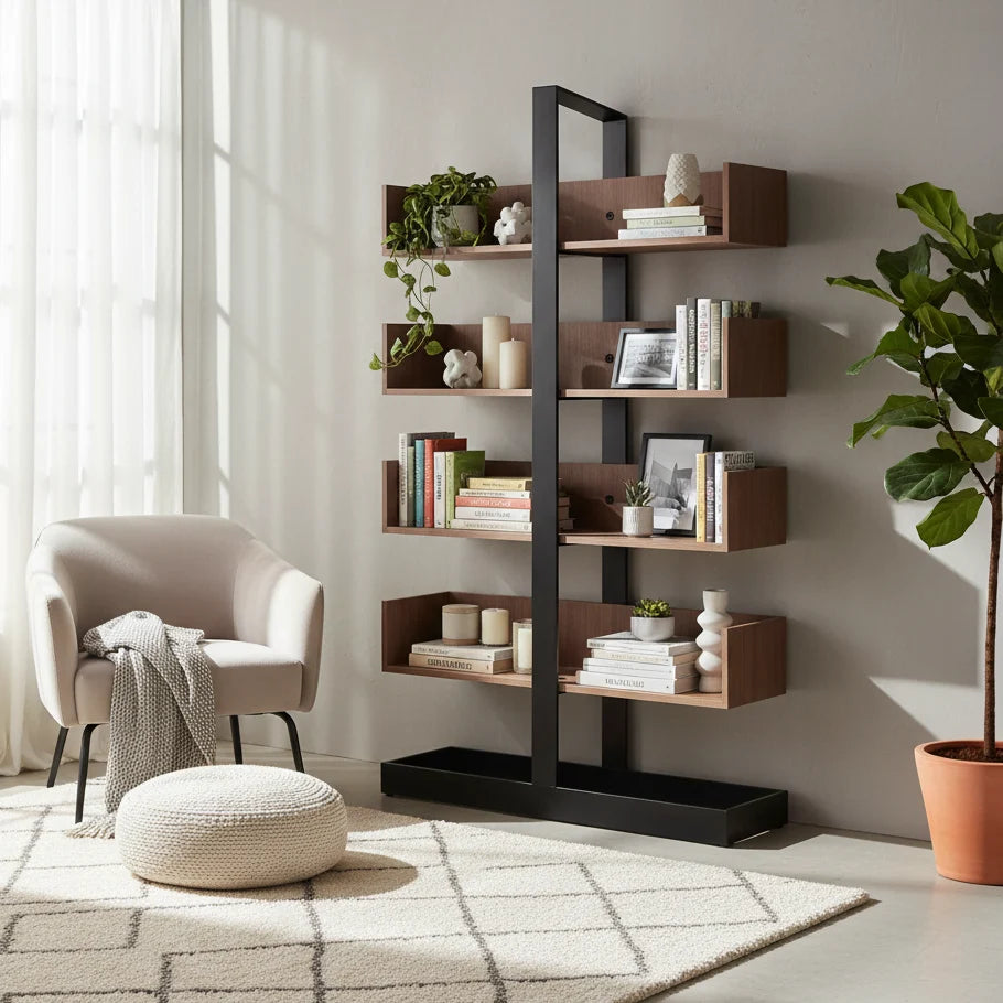 Industrial Vertical Corner Wood Metal Spine Tower Bookshelf