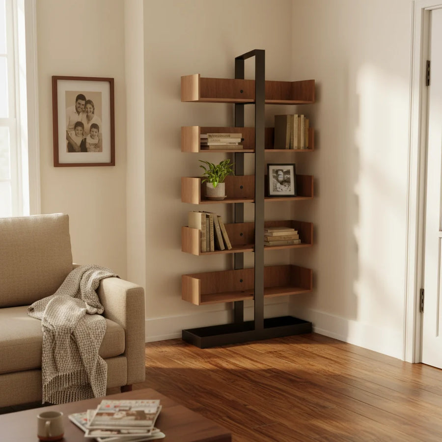 Industrial Vertical Corner Wood Metal Spine Tower Bookshelf