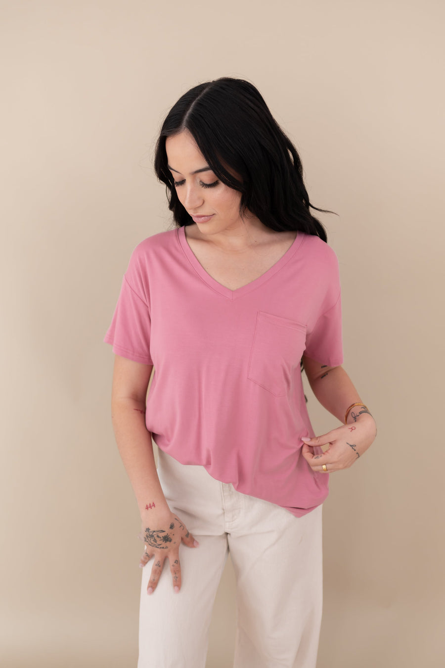 Women's Oversized V-Neck Tee in Apple Blossom