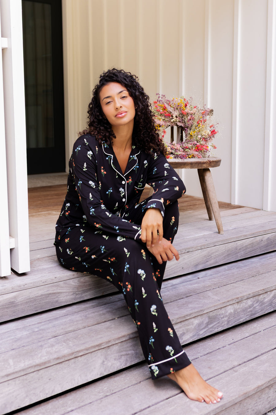 Long-Sleeved Women's Pajama Set in Midnight Wildflower