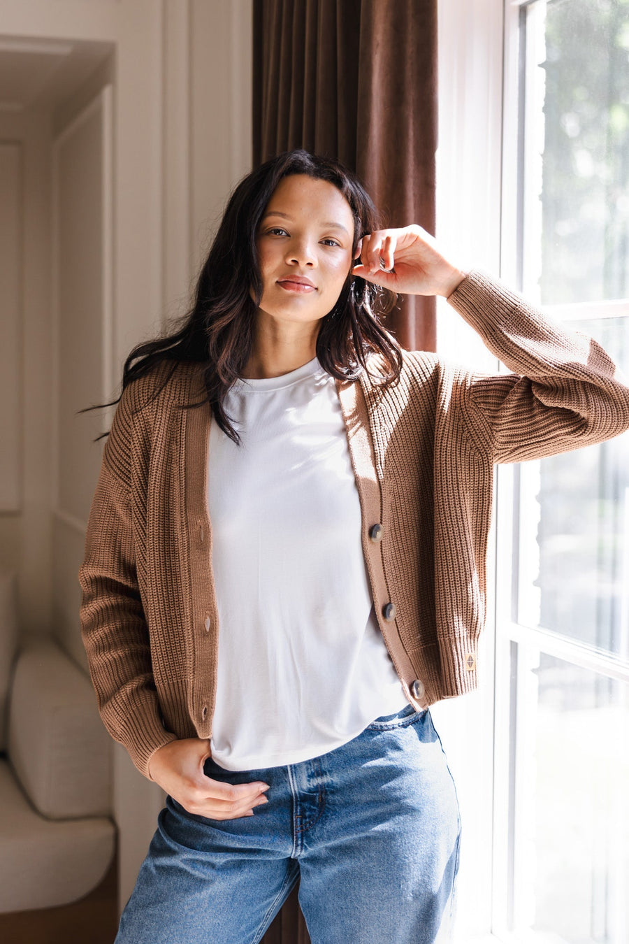 Chunky Knit Women's Cropped Cardigan in Latte