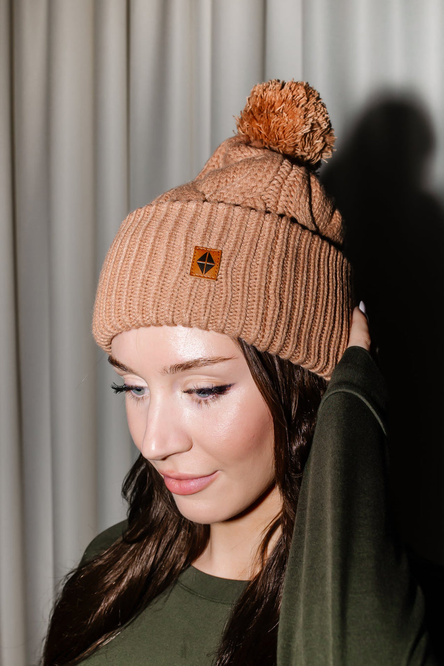Cable Knit Pom Beanie in Latte