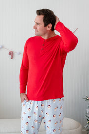 Men's Long Sleeve Henley Top in Cardinal