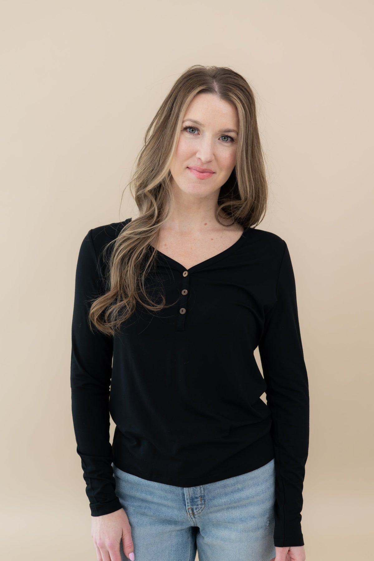 Women's Long Sleeve Henley Tee in Midnight