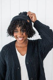 Cable Knit Pom Beanie in Midnight
