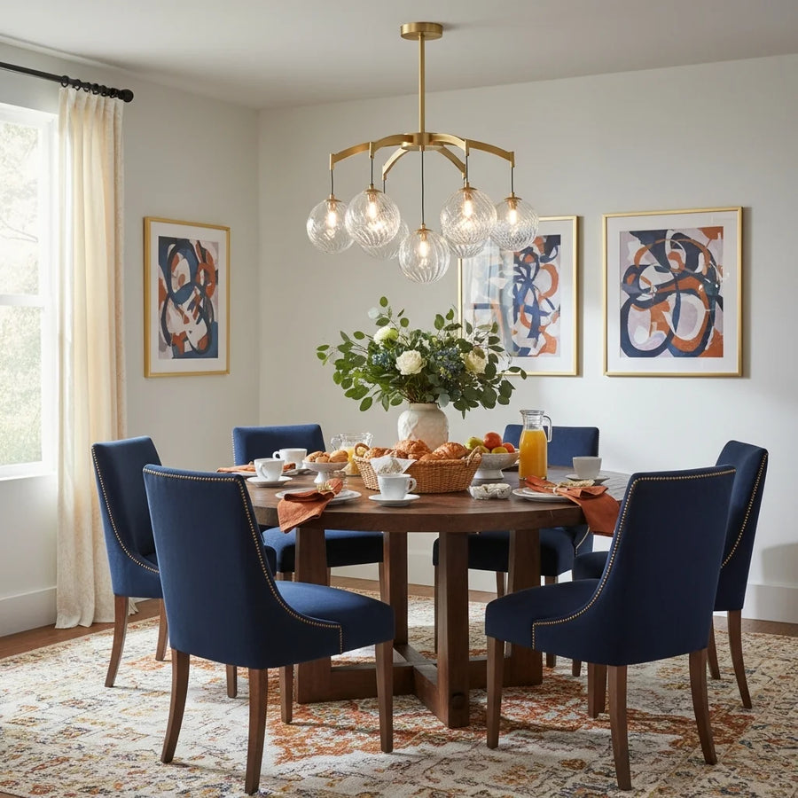 Modern 7-Light  Brass Branch Textured Glass Globe Chandelier