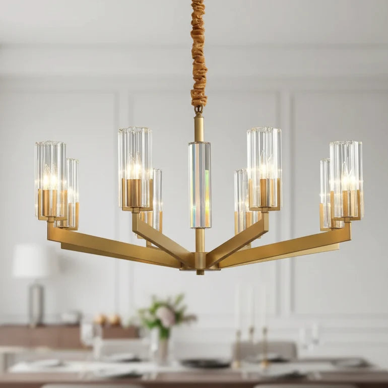 Modern 8-Light Clear Crystal Glass Gold Brass Branch Chandelier