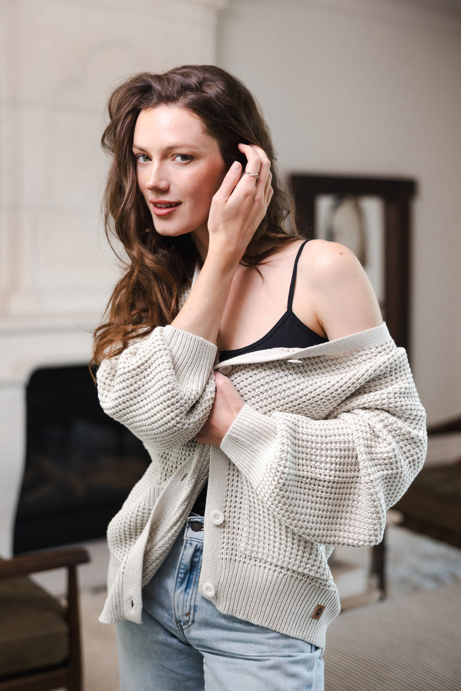 Chunky Knit Women's Waffle Cardigan in Oat