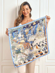 100% Mulberry Silk Scenery Pattern Square Scarf 68x68cm/26.8