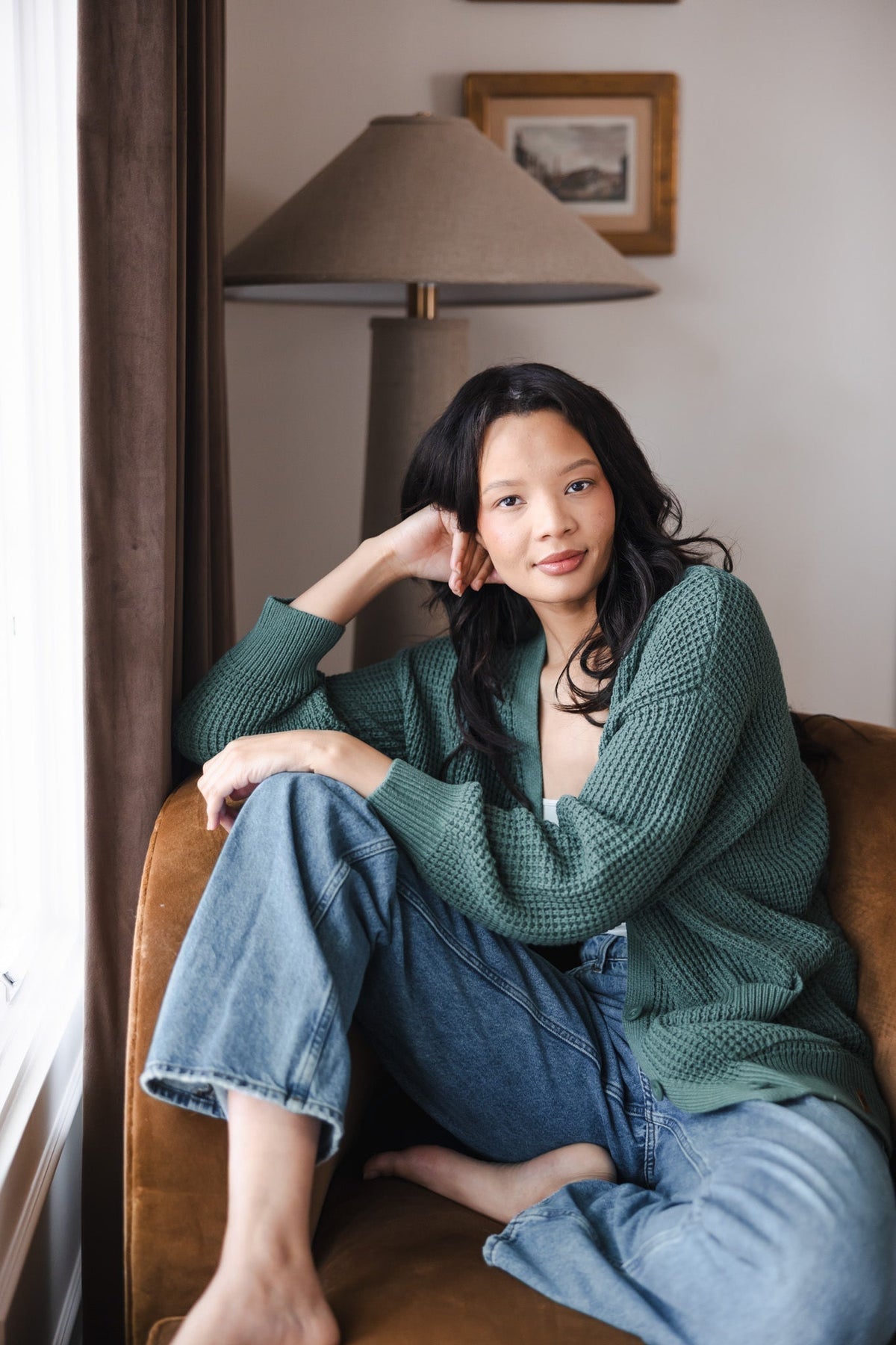 Chunky Knit Women's Waffle Cardigan In Pine