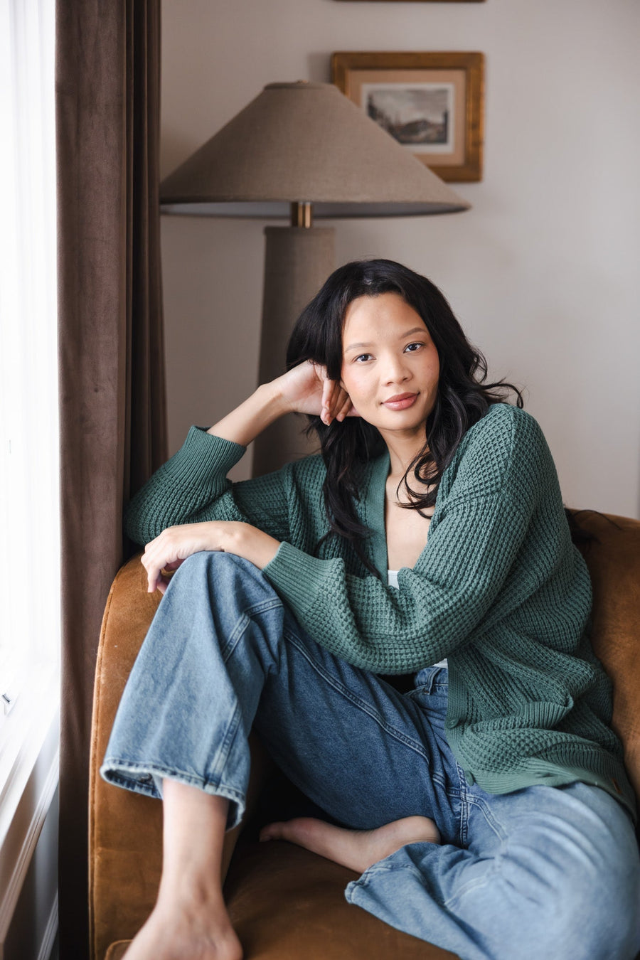 Chunky Knit Women's Waffle Cardigan In Pine