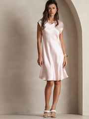 100% Mulberry Silk Cap Sleeve V Neck Knee Dress