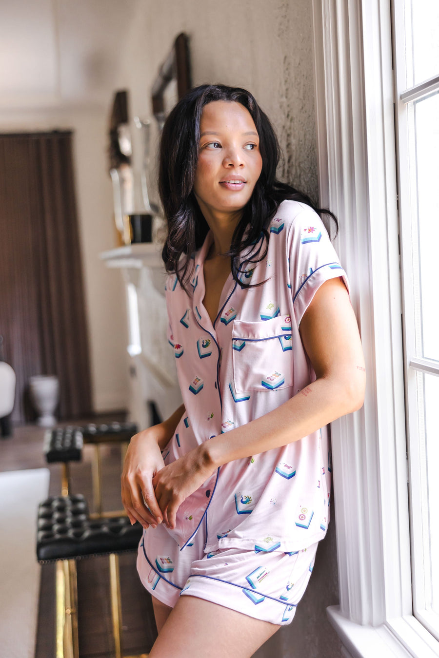 Women's Short Sleeve Pajama Set in Sakura Mahjong