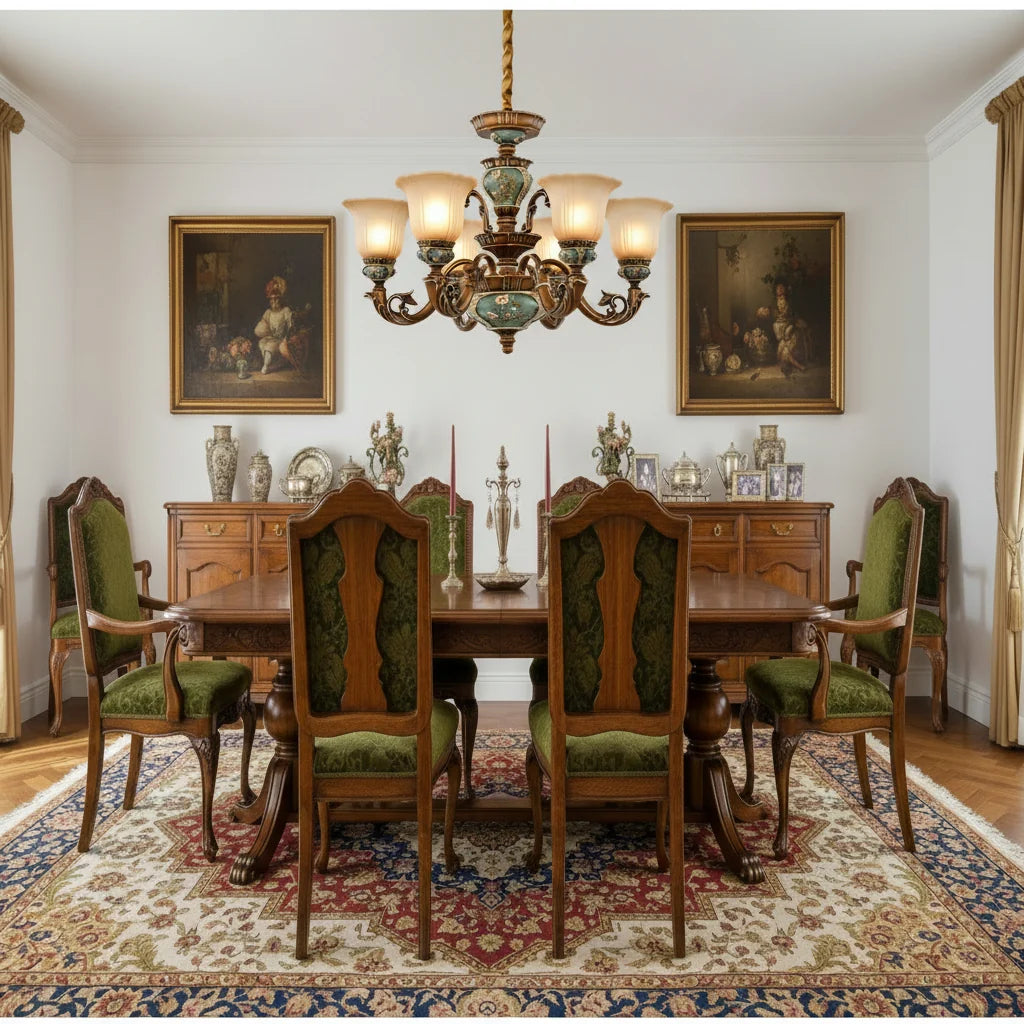 Traditional Antique Ceramic Dining Room Chandelier with Frosted Flower Glass Shades