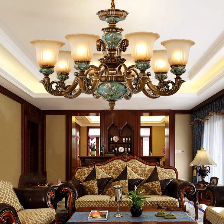Traditional Antique Ceramic Dining Room Chandelier with Frosted Flower Glass Shades