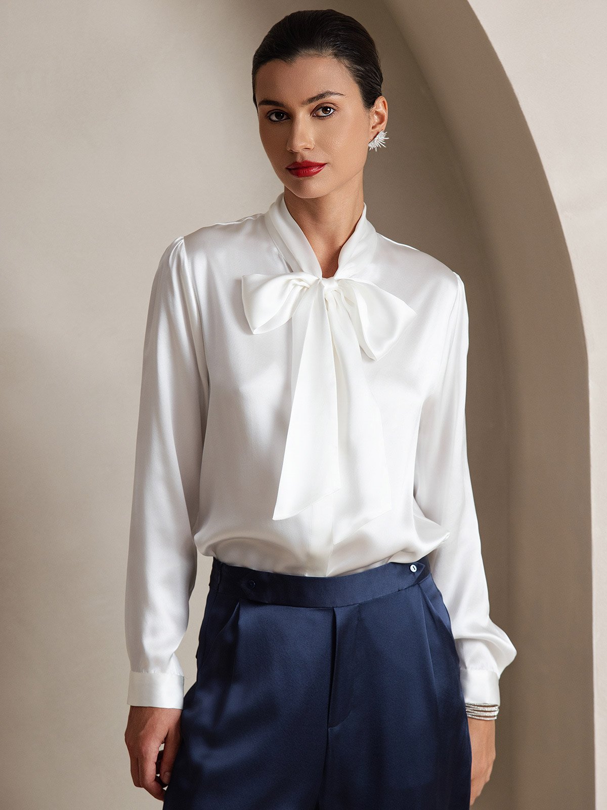 19Momme Silk Long Sleeve Tie Neck Elegant Blouse