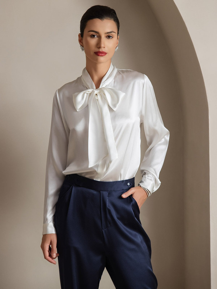19Momme Silk Long Sleeve Tie Neck Elegant Blouse