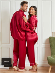 Couple 100% Mulberry Silk Long Pajamas Matching Set Total 4Pcs
