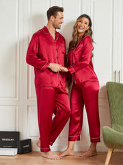 Couple 100% Mulberry Silk Long Pajamas Matching Set Total 4Pcs