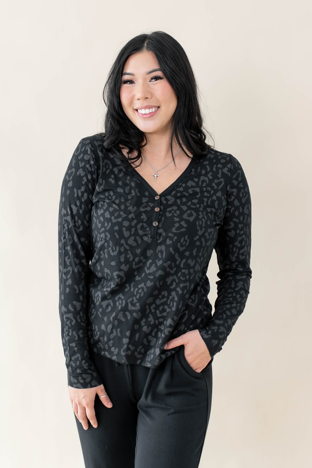 Women's Long Sleeve Henley Tee in Midnight Leopard