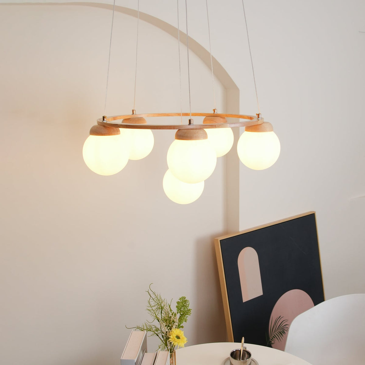 Wood Ring Frosted Globe Chandelier