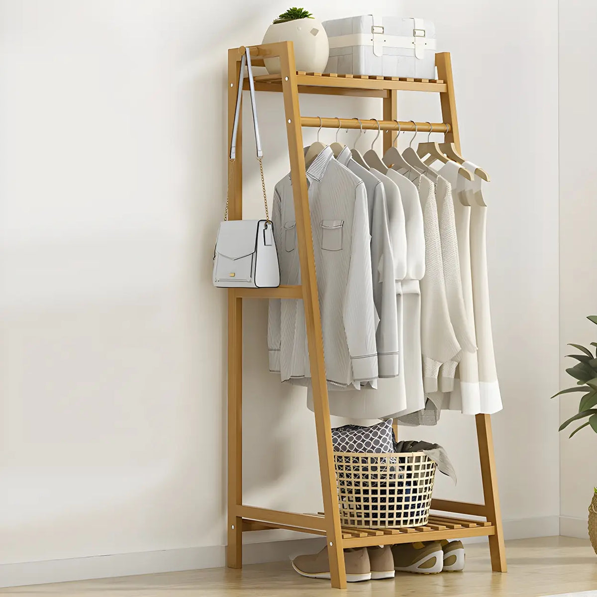 A-Frame Bamboo Tan High Garment Coat Rack with Shelf