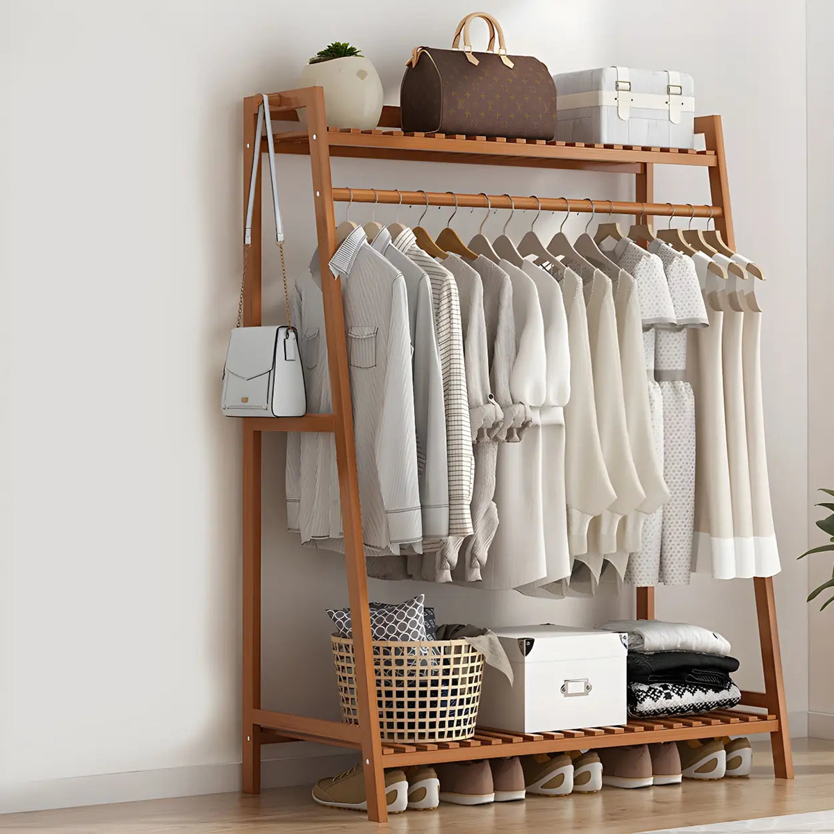 A-Frame Bamboo Tan High Garment Coat Rack with Shelf