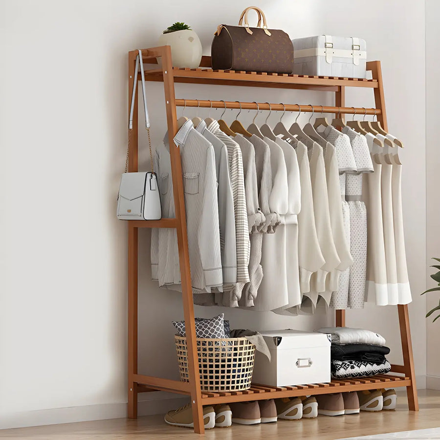 A-Frame Bamboo Tan High Garment Coat Rack with Shelf