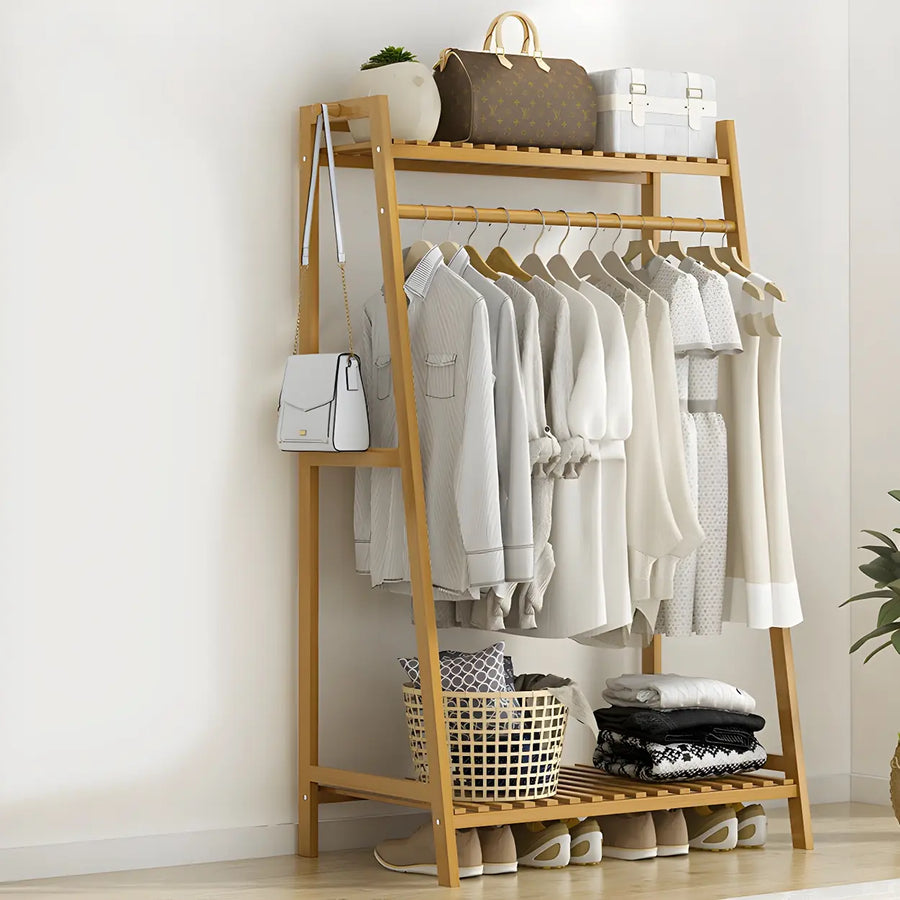 A-Frame Bamboo Tan High Garment Coat Rack with Shelf