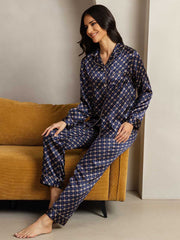 100% Mulberry Silk Chain Print Long Sleeve Lapel Collar Women's Pajamas Set