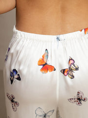 19Momme Silk Butterfly Print Wide Leg Women's Pants With Side Pockets Design