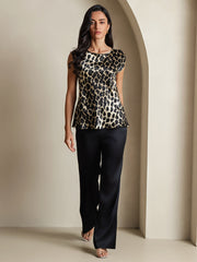 19Momme Silk Leopard Print Cap Sleeve Round Neck Women's Top