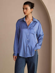 Clearance - 19Momme Silk Pinstripe Pattern Button Up Long Sleeve Women's Shirt