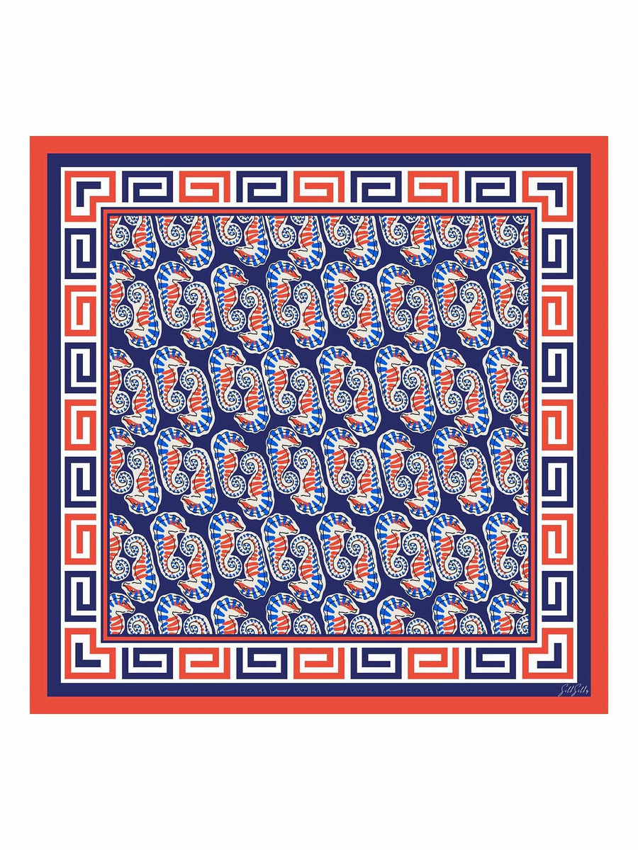 100% Mulberry Silk  Seahorse Pattern Scarf - Size 90x90cm