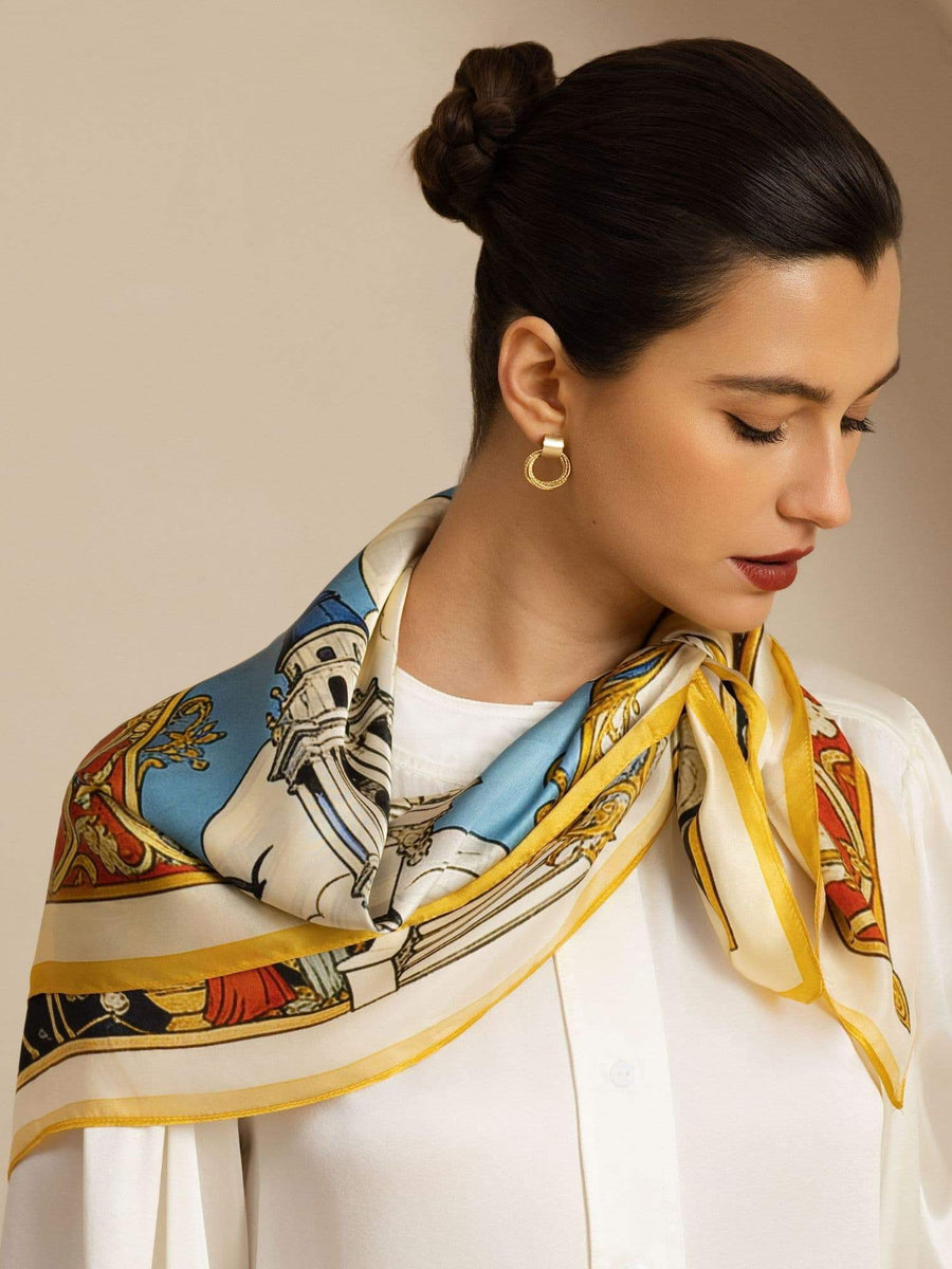 Clearance - Pure Silk White Cathedrals Print Square Scarf - Size 90x90cm