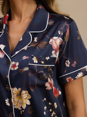 19Momme Silk Women's Navy Floral Print Short Sleeve Lapel Collar Button Up Pajamas Set