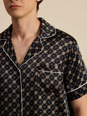Clearance - 100% Mulberry Silk Short Sleeve Notch Collar Men's Chain Print Pajamas Set with Shorts
