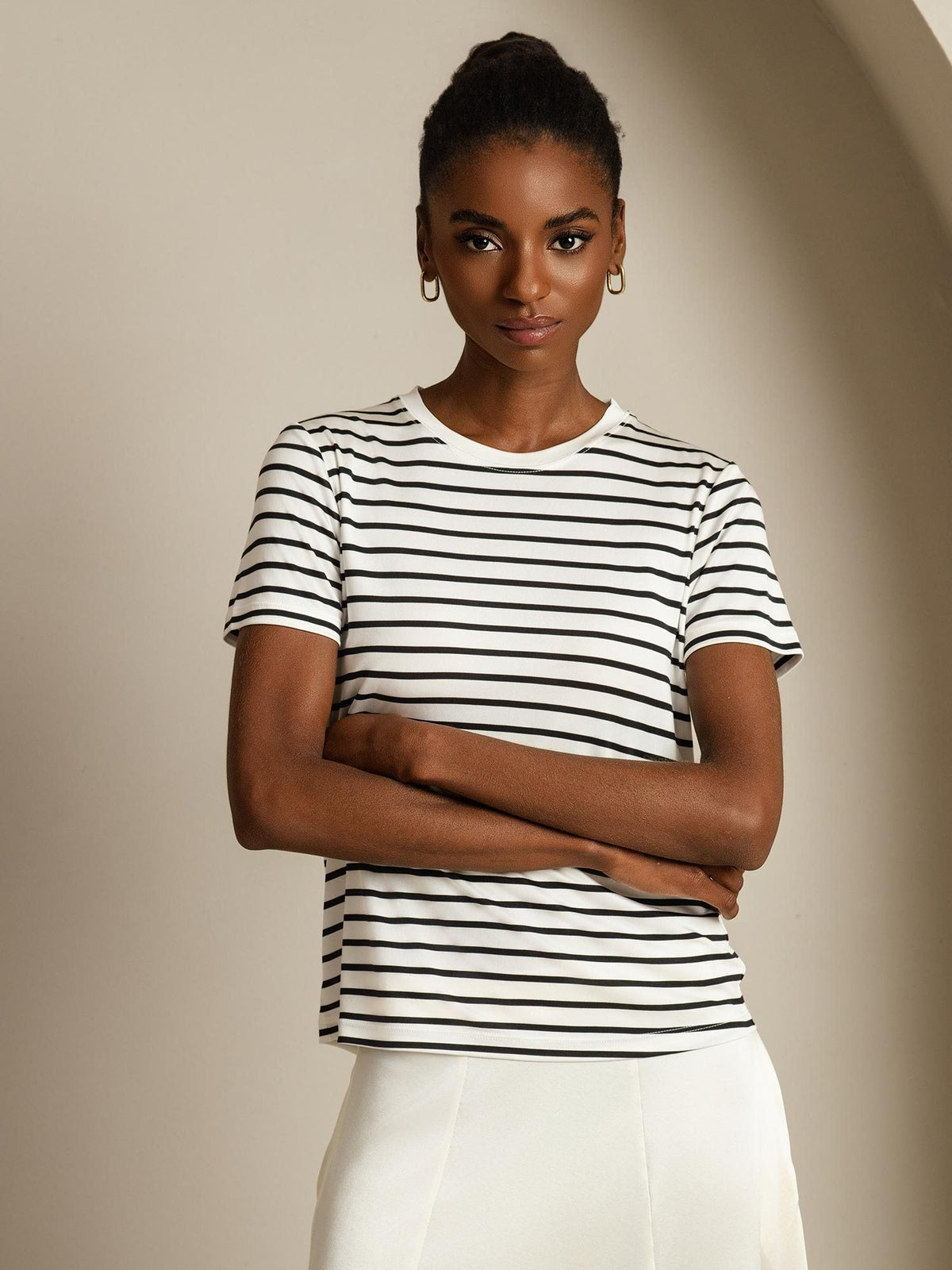 100% Mulberry Silk Crew Neck Short Sleeve Women's Sport Stripe Print T-Shirt