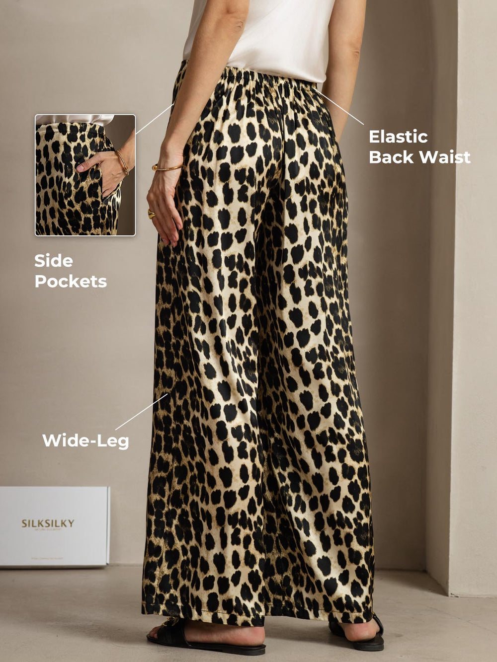 19Momme Silk Leopard Print Wide Leg Women's Pants With Side Pockets Design