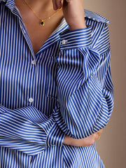 Clearance - 19Momme Silk Pinstripe Pattern Button Up Long Sleeve Women's Shirt