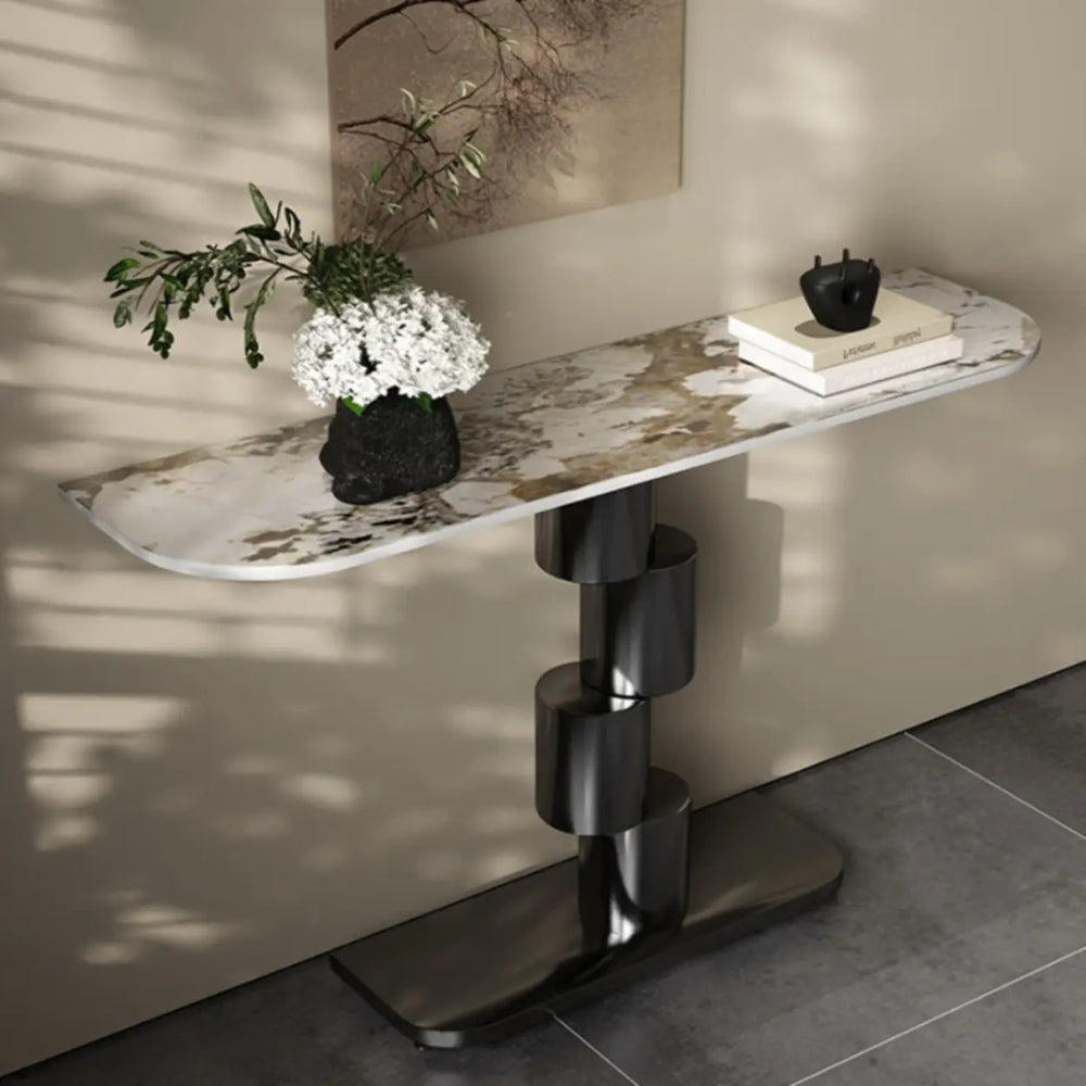 Abstract Base Half-circle Stone Top Black Console Table