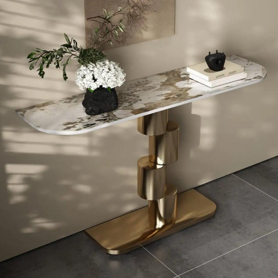 Abstract Base Half-circle Stone Top Black Console Table