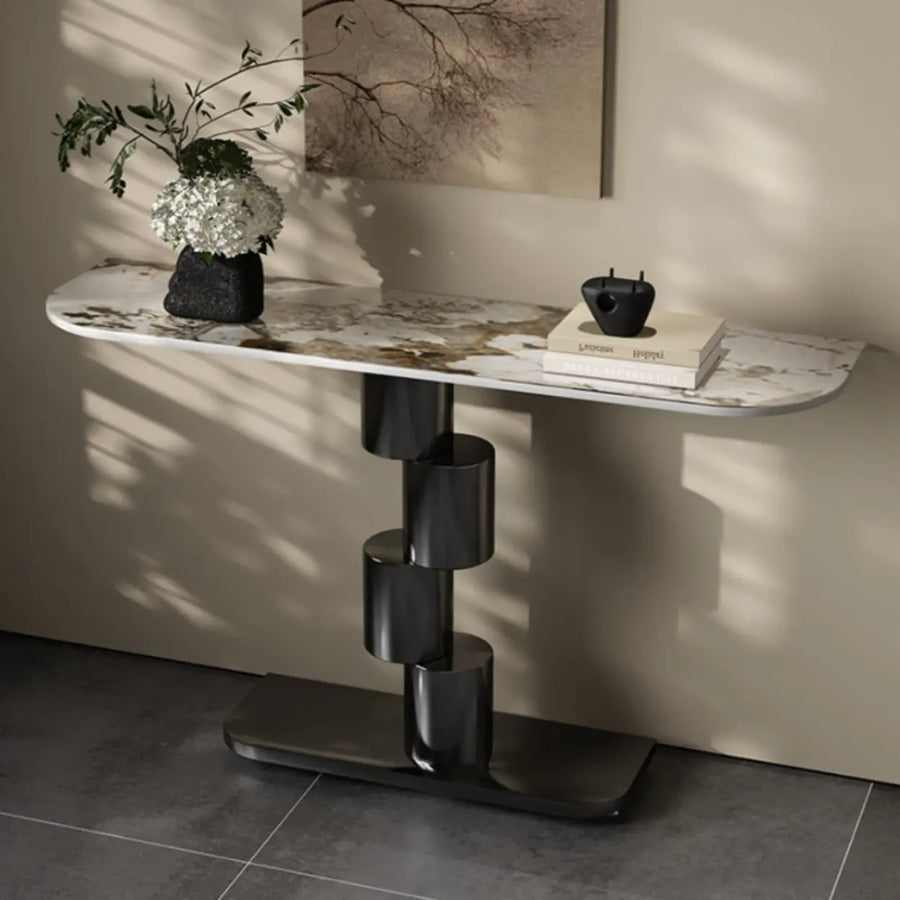Abstract Base Half-circle Stone Top Black Console Table
