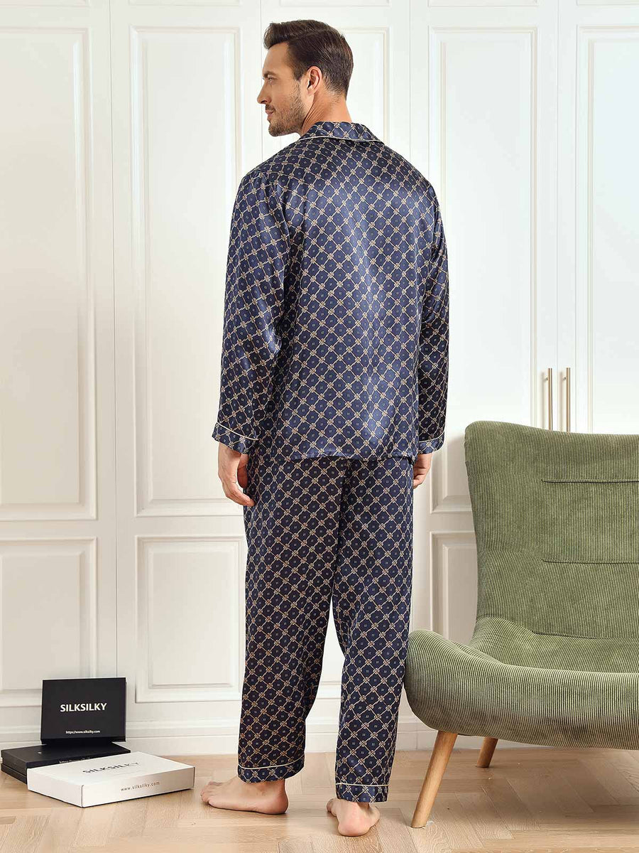 100% Mulberry Silk Navy Chain Print Long Sleeve Men's Pajamas Set With Pants