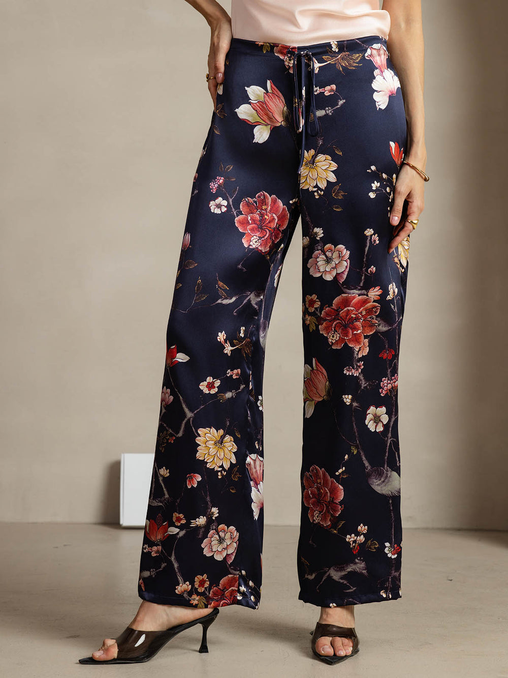 19Momme Silk Navy Floral Print Wide Leg Women's Pants With Side Pockets Design