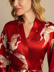 19Momme 100% Mulberry Silk Crane Print Belted Wrap Women's Kimono Robe