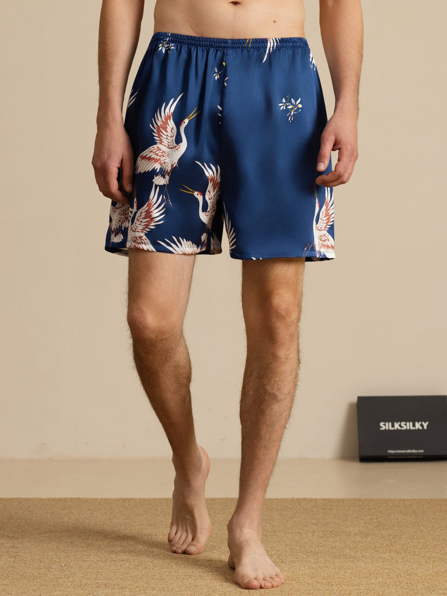 19Momme 100% Mulberry Silk Men's Crane Print Elastic Waist Sleep Shorts