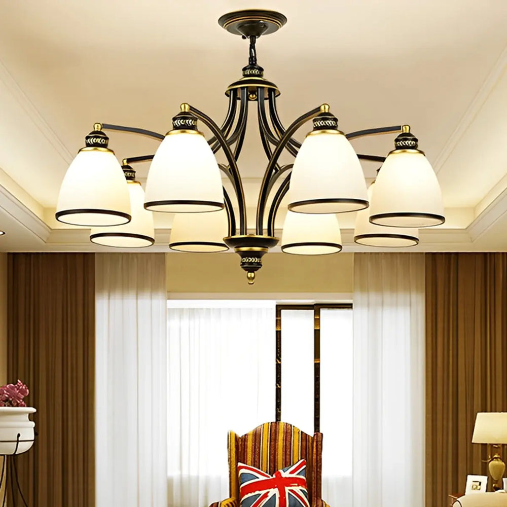 Adjustable Height 8-Light Black Gold Chandelier