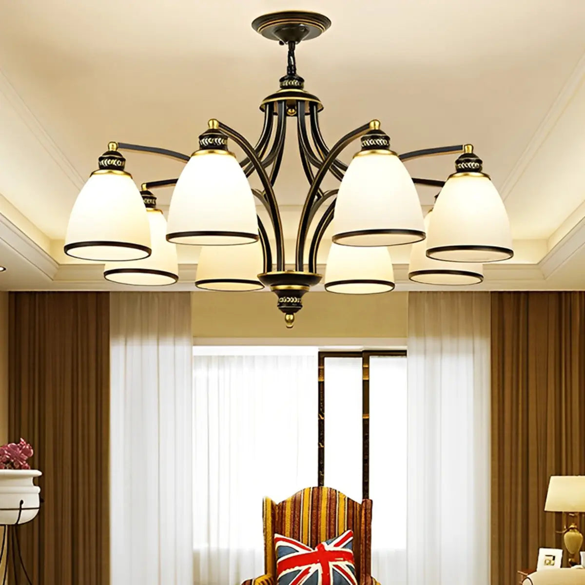 Adjustable Height 8-Light Black Gold Chandelier