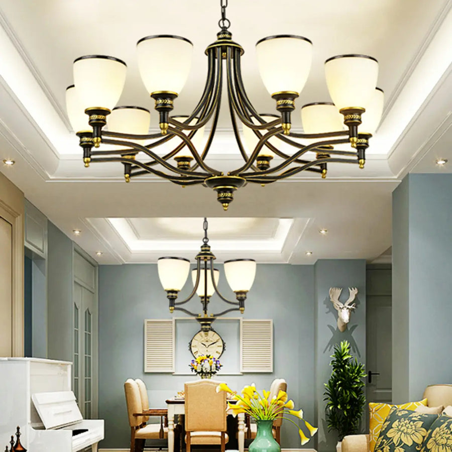 Adjustable Height 8-Light Black Gold Chandelier
